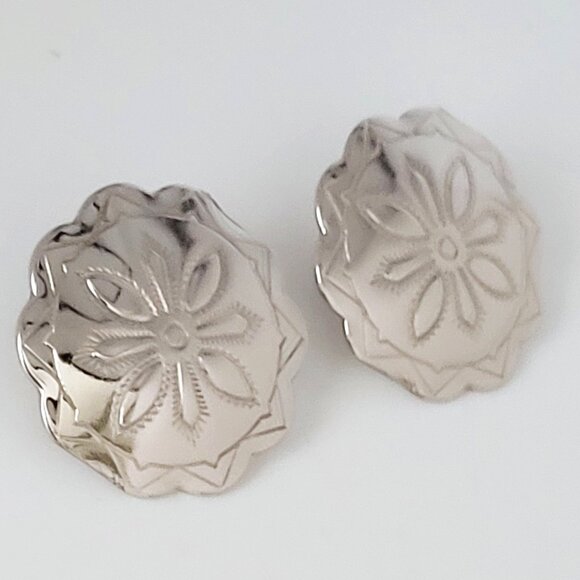 Shiny Chrome Plated Concho Detailed Earrings Pierced 1" - Picture 2 of 5